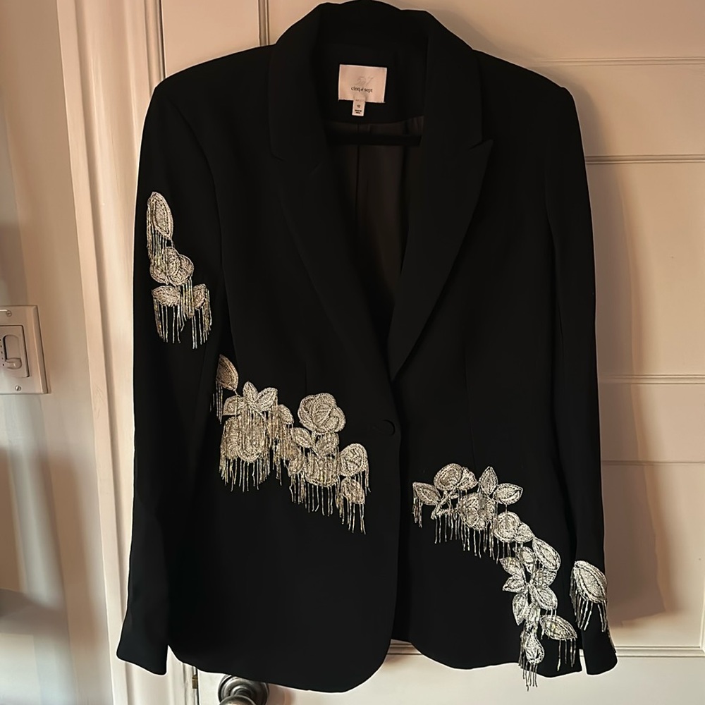 cinq a sept Black Blazer with Silver Floral Beaded Embellishment
